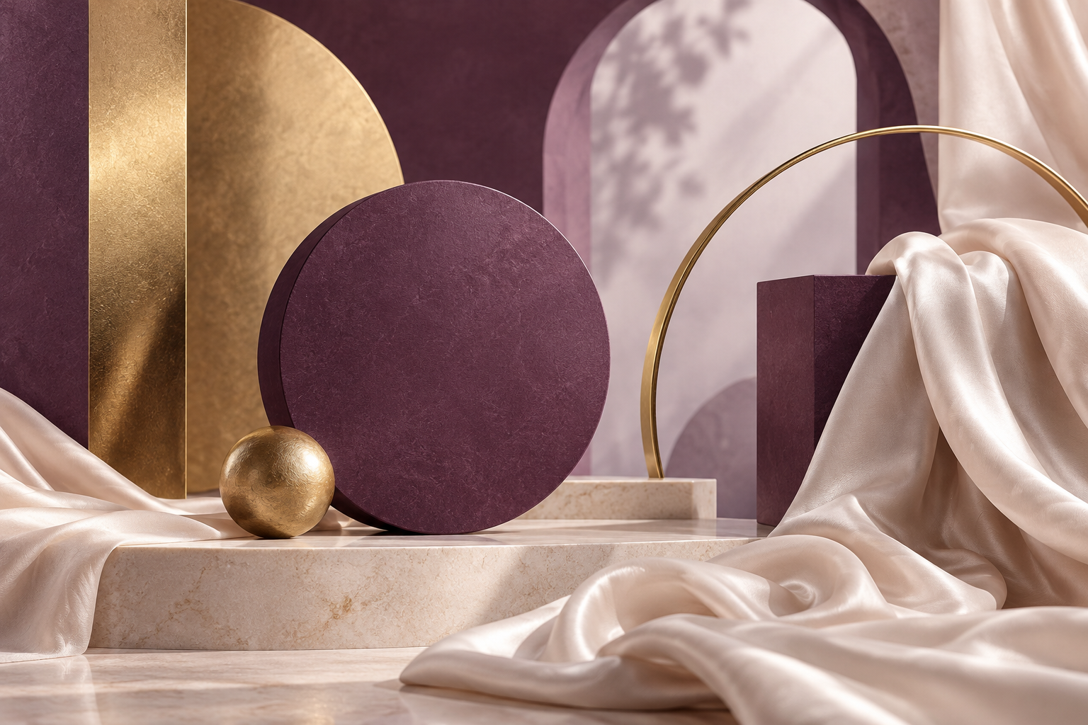 plum and gold geometric sculptural shapes with cream silk folds, refined accessories editorial abstract, no actual jewellery